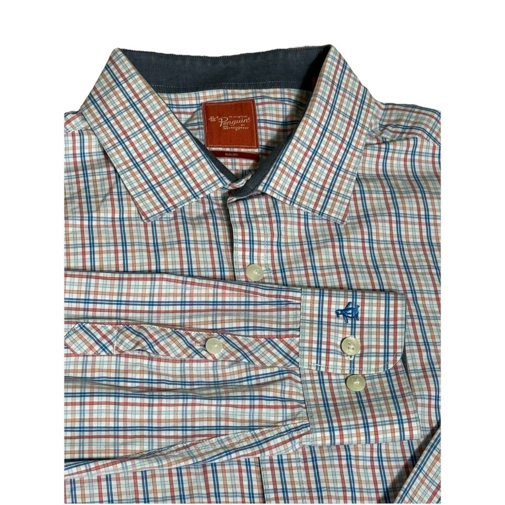 Original Penguin Button Up Mens 17 36/37 Plaid Slim Fit Cotton 90704